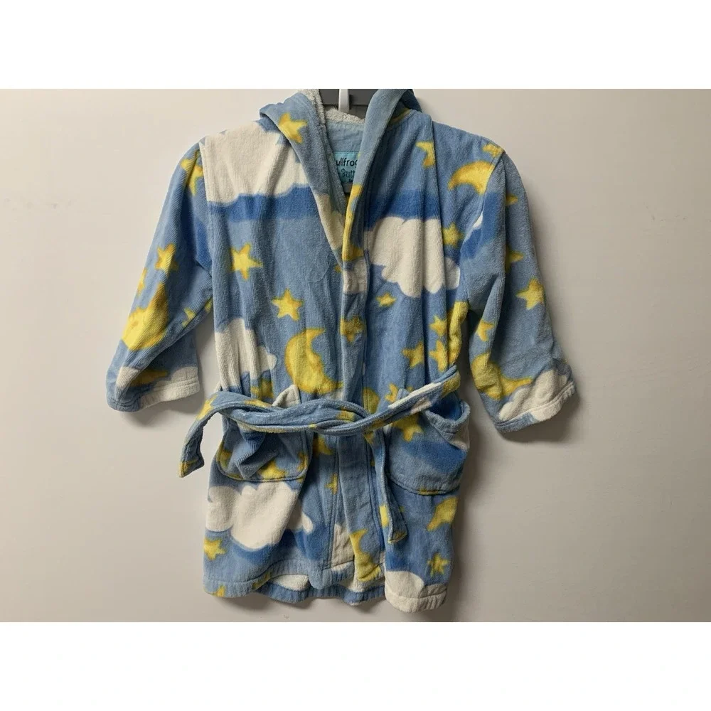 Bullfrogs & Butterflys Moon & Stars Robe Blue Large Belt Pocket Hood Terry Cloth
